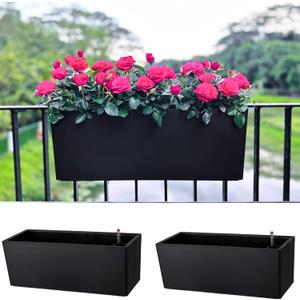 LaLaGreen Rail Planter for Balcony Outdoor (20 Inch, 2 Pack) Large Black Self Watering Railing Planters with Brackets, Rectangular Plastic Deck Fence Window Box Balcony Home Outside Style Garden Dcor