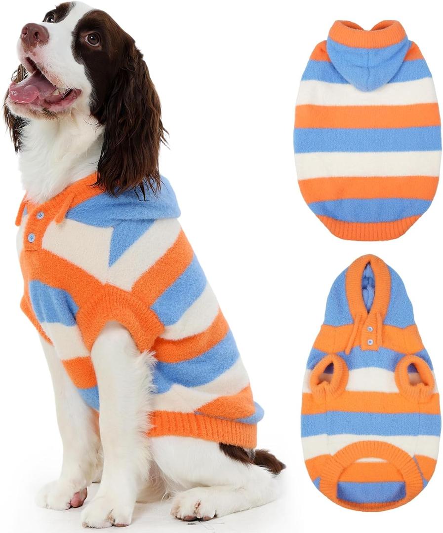 FUAMEY Dog Sweaters for Large Dogs,Dog Knit Sweater Hoodie Warm Dogs Pullover Soft Pet Knitwear Puppy Stretchy Hooded Sweaters Pets Cozy Fuzzy Knits Sweatsuit Winter Christmas Orange Stripes L