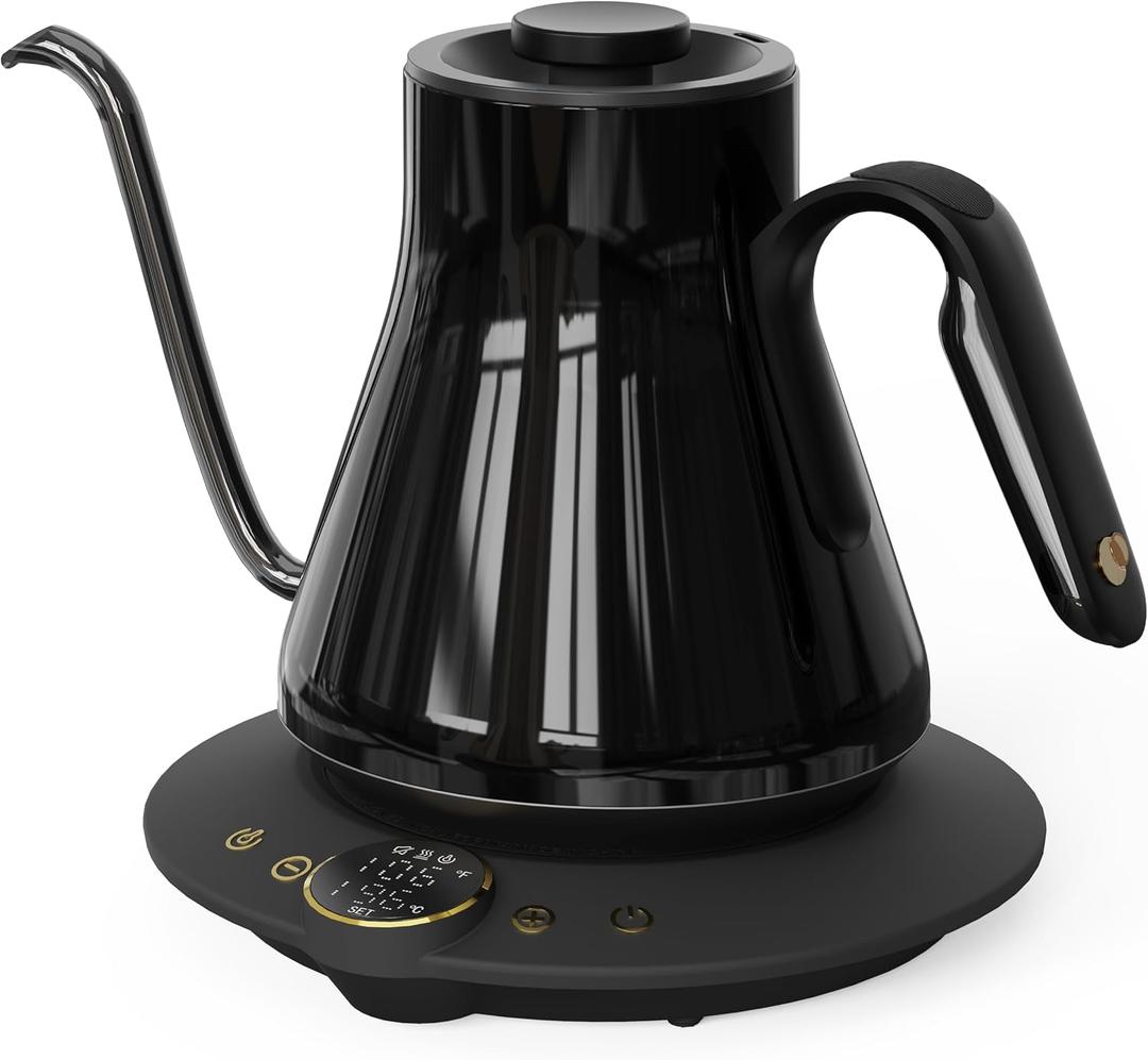 Cocinare Gooseneck Electric Kettle, 1F Temperature Control, 1500W Fast Heating, Pour Over Coffee & Tea Kettle with Brew Timer & Keep Warm, Stainless Steel, 0.9L (Soulages Black)