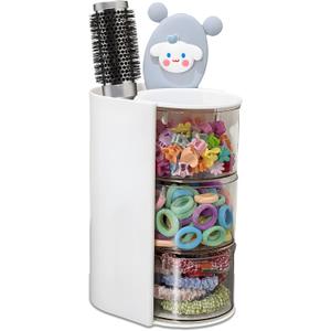 Azurphoric Hair Accessories Organizer with Hair Brush Holder, Rotatable Makeup Brush Holder for Necklaces, Earring, Bracelet, Ring, Makeup Brushes, Hair Clip and Hair Accessories (White, 3-Layer)