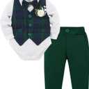 YUEMION Baby Boy Clothes Suit Infant Gentleman Wedding Outfit Formal Dress Shirt+Vest+Tie+Corsage+Pants 5Pcs Tuxedo Set 0-18M (0-3 Months, White and Green)