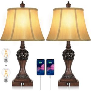 Set of 2 Touch Control 3-Way Dimmable Table Lamps with 2 USB Charging Ports Traditional Bedside Lamps with Bell Shape Faux Silk Shade & Brown Base for Bedroom Nightstand Living Room LED Bulbs Included