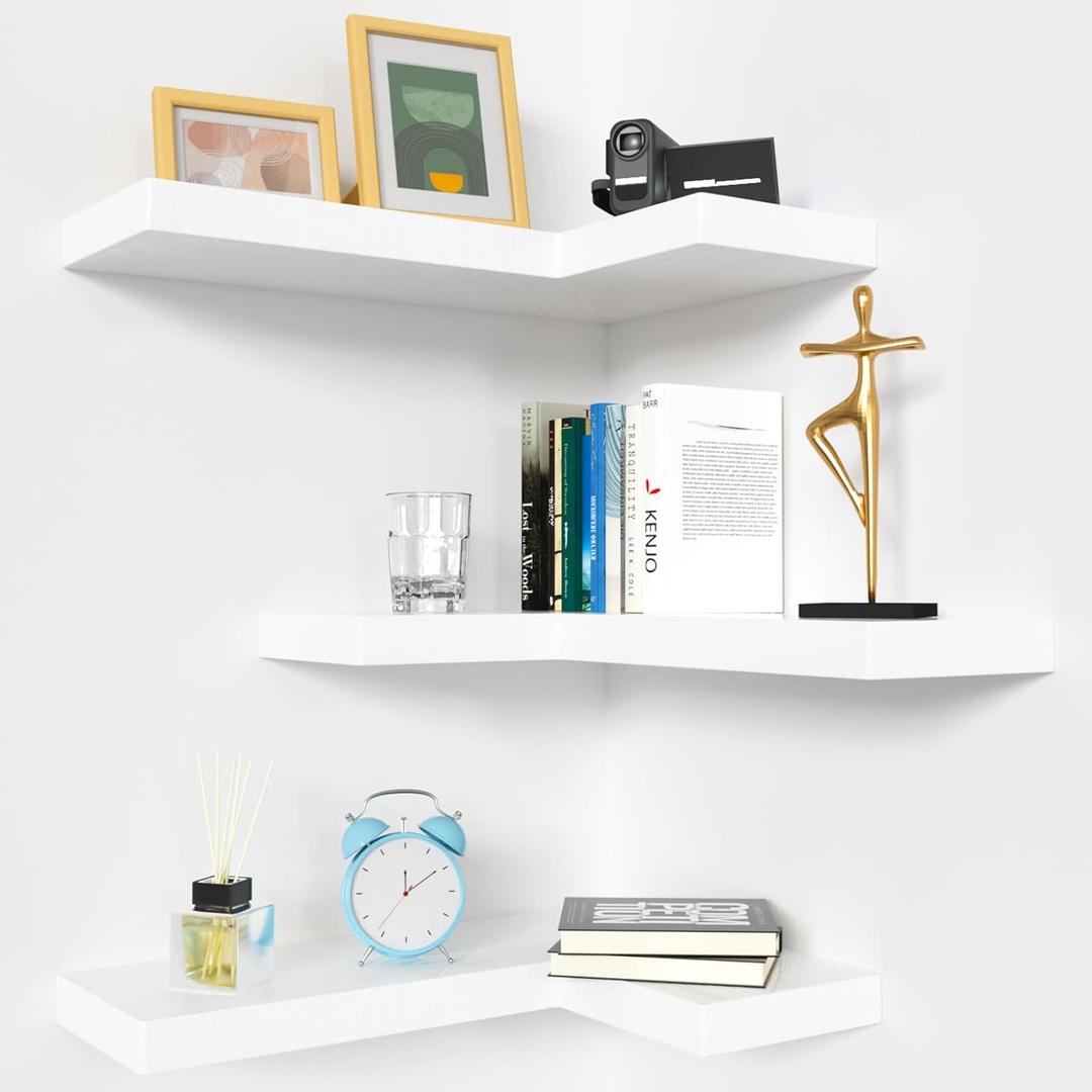 NATURE'S SOURCE Corner Floating Shelves with Invisible Brackets, Corner Shelves Wall Mounted Set of 3, Bedroom Bathroom Kitchen Living Room Office- Modern Style 17" x 6" (White)  