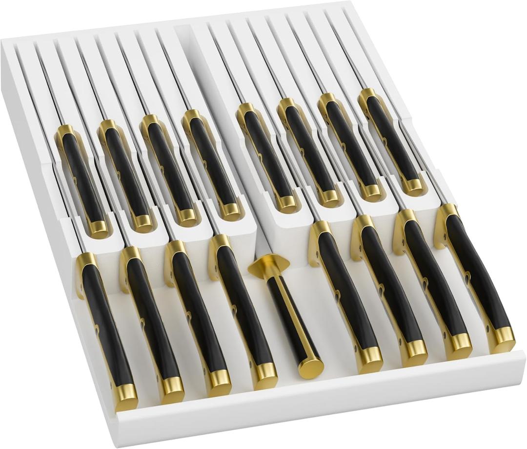 Domax Bamboo In-drawer Knife Block - Kitchen Knife Drawer Organizer Insert, Knife Holder without Knives Large, Drawer Knife Organizer Fits for 16 knives and 1 Sharpening Steel (Not Included), White
