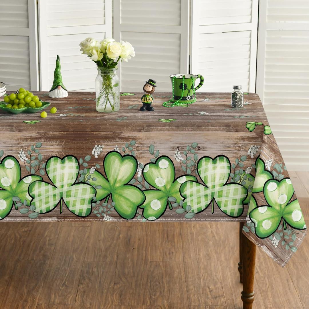 Horaldaily St. Patrick's Day Tablecloth 52×70 Inch Rectangular, Buffalo Plaid Shamrock Eucalyptus Wood Washable Seasonal Table Cover for Party Picnic Dinner Decor