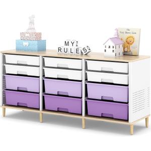 12 Drawers Storage Cabinet with Wooden Top and Plastic Bins, Toy Storage Organizer Toy Shelf Storage Chest Cubby Organizer for Home, Office, Playroom, Classroom & Craft Room Storage (Gradient Purple)
