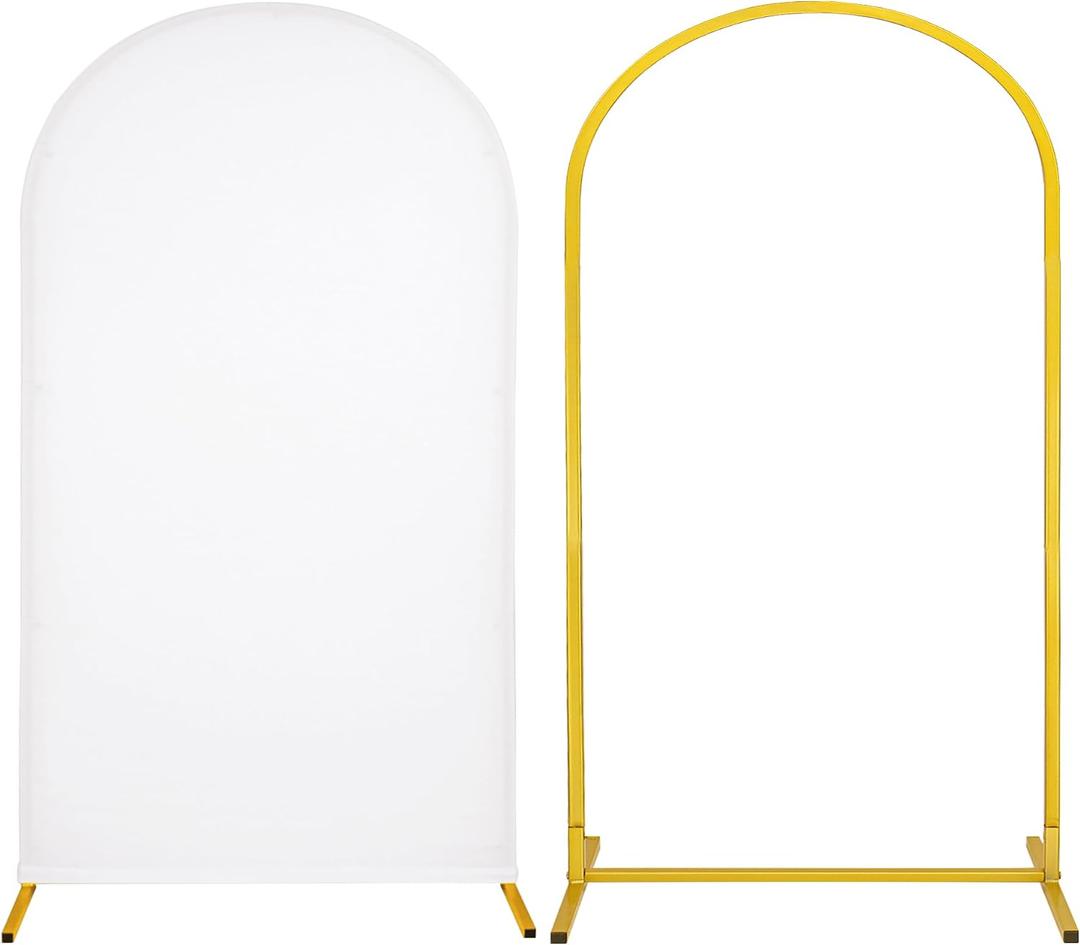 Metal Arch Stand and Cover Set,1 White Spandex Fitted Backdrop with 1 Gold Wedding Arched Stand Frame for Parties Birthday Baby Shower Bridal Banquet Decoration (7.2FT)