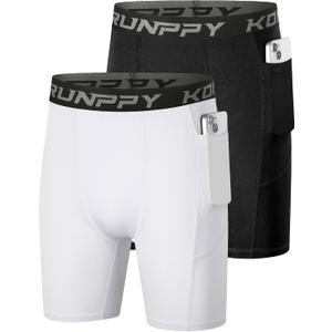 Konrunppy Youth Boys Compression Shorts Basketball Athletic Base Layer Workout Baseball Underwear Sport Spandex Shorts Side Pocket (2 Pack Black White,Small)