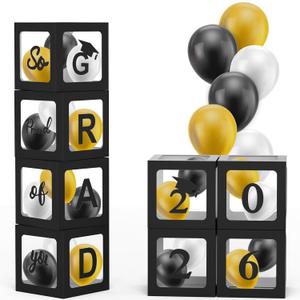 2026 Graduation Party Decorations, 4 PCS Black Balloon Boxes with Letters 2026 GRAD & So Proud of You and 24 PCS Balloons, Class of 2026 Party Supplies(Black)