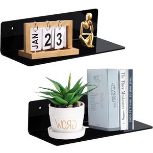 9 Inch Acrylic Floating Shelf No Drill Adhesive Wall Shelf Set of 2 for Funko Pop Storage, Floating Shelves Damage-Free Expand Wall Space for Living Room, Bathroom, Gaming Room, Office - Black