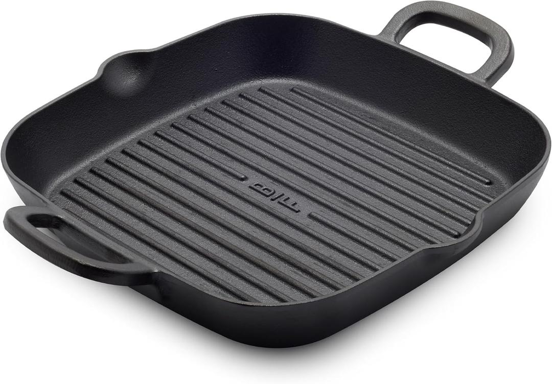 GreenPan x Bobby Flay Cast Iron 11 Square Grill Pan, Pre-Seasoned Professional Grade Heavy Duty Skillet, Helper Handles, Induction Suitable, Stovetop, Oven, BBQ & Fire, Indoor & Outdoor Use, Black