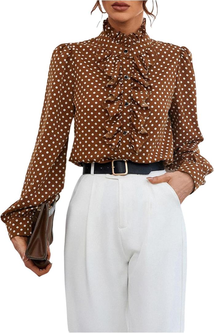 Floerns Women's Ladies Polka Dots Long Sleeve Ruffle Button Down Business Dressy Casual Office Shirts Blouses Tops (Coffee Brown)