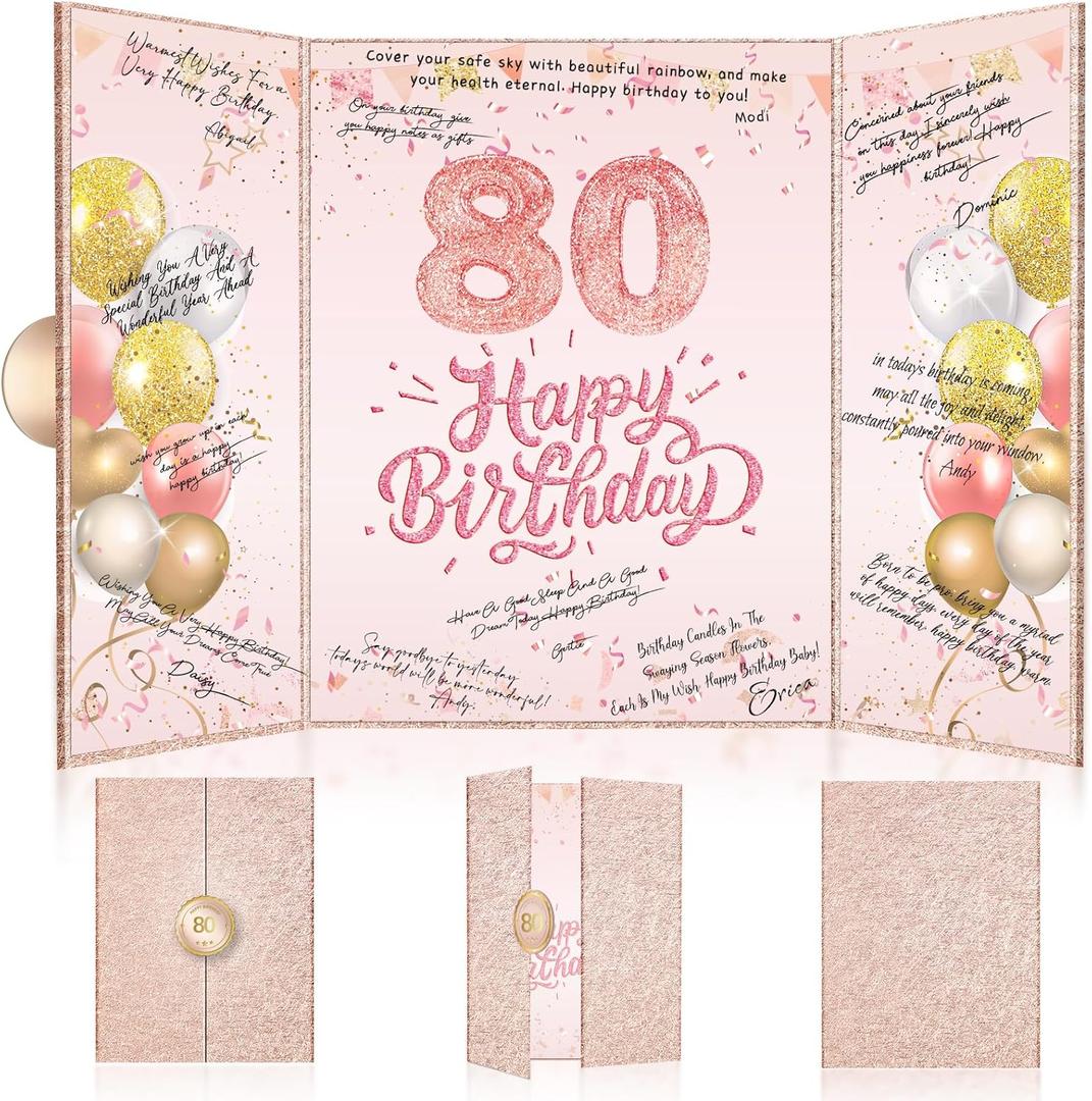 Tnvee 80TH Birthday Party Guest Book Birthday Decorations for Women, Large 19" x 12.2" Rose Gold Signature Signature Card Board Party Supplies Gifts for 80 Years Old Mom Grandma