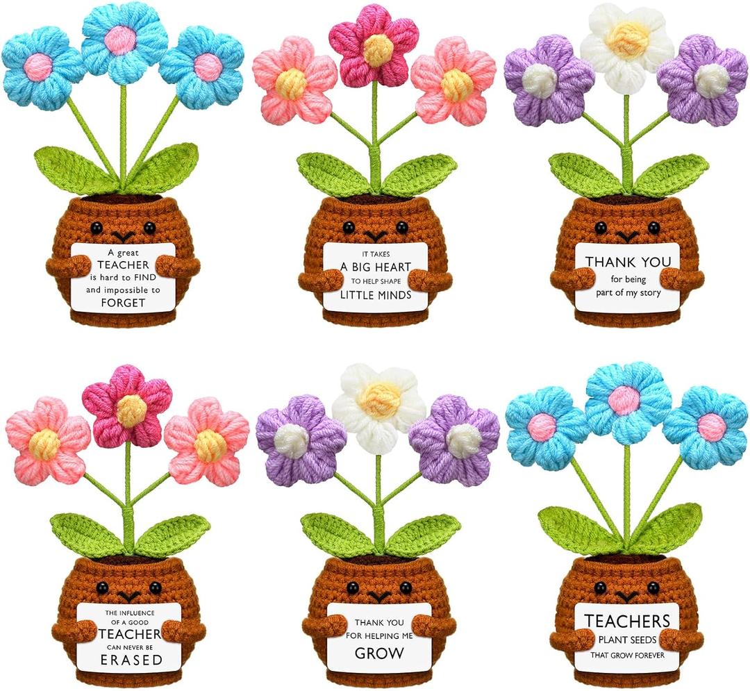 Wavwavw 6 Pcs Teachers Appreciation Gifts Bulk End of The Year Teacher Gifts Thank You Handmade Crochet with Inspirational Card for Women Graduation Office Decor(Puff Flower,Colorful)