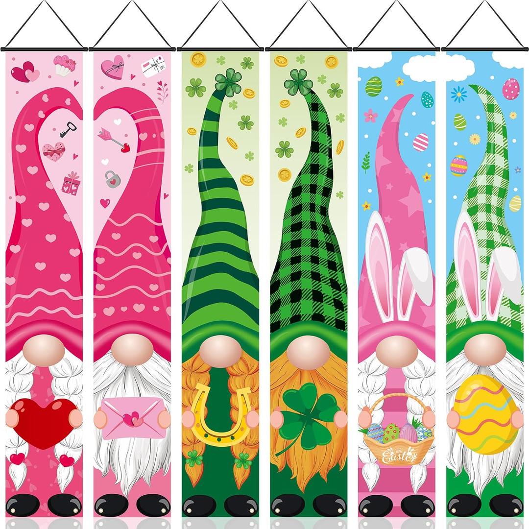 Preboun 3 Packs Valentine's Day St. Patrick's Day Easter Gnome Porch Signs Banners Hanging Front Porch Door Decorations for Outside Yard Garland Party Supplies (Cute)
