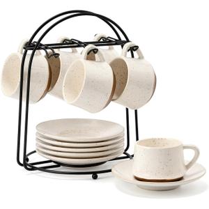 SIDUCAL Stackable Cappuccino Cup Set of 6 [4 oz] Ceramic Coffee Cups with Saucers and Cup Holder,Microwave/Dishwasher Safe,Espresso Demitasse Cups(White)