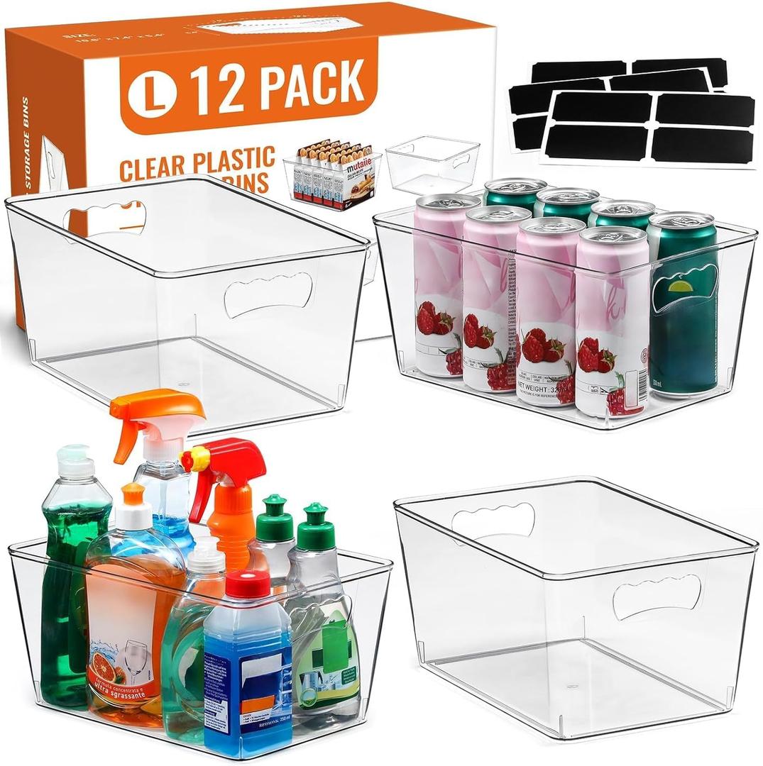 12 PACK LARGE Clear Storage Bins with Handles & Labels, Multiuse Plastic Pantry Organizer Bins for Home Kitchen, Fridge, Freezer, Cabinet, Closet, Bathroom, Shelf, Laundry, RV, Under Sink Organization