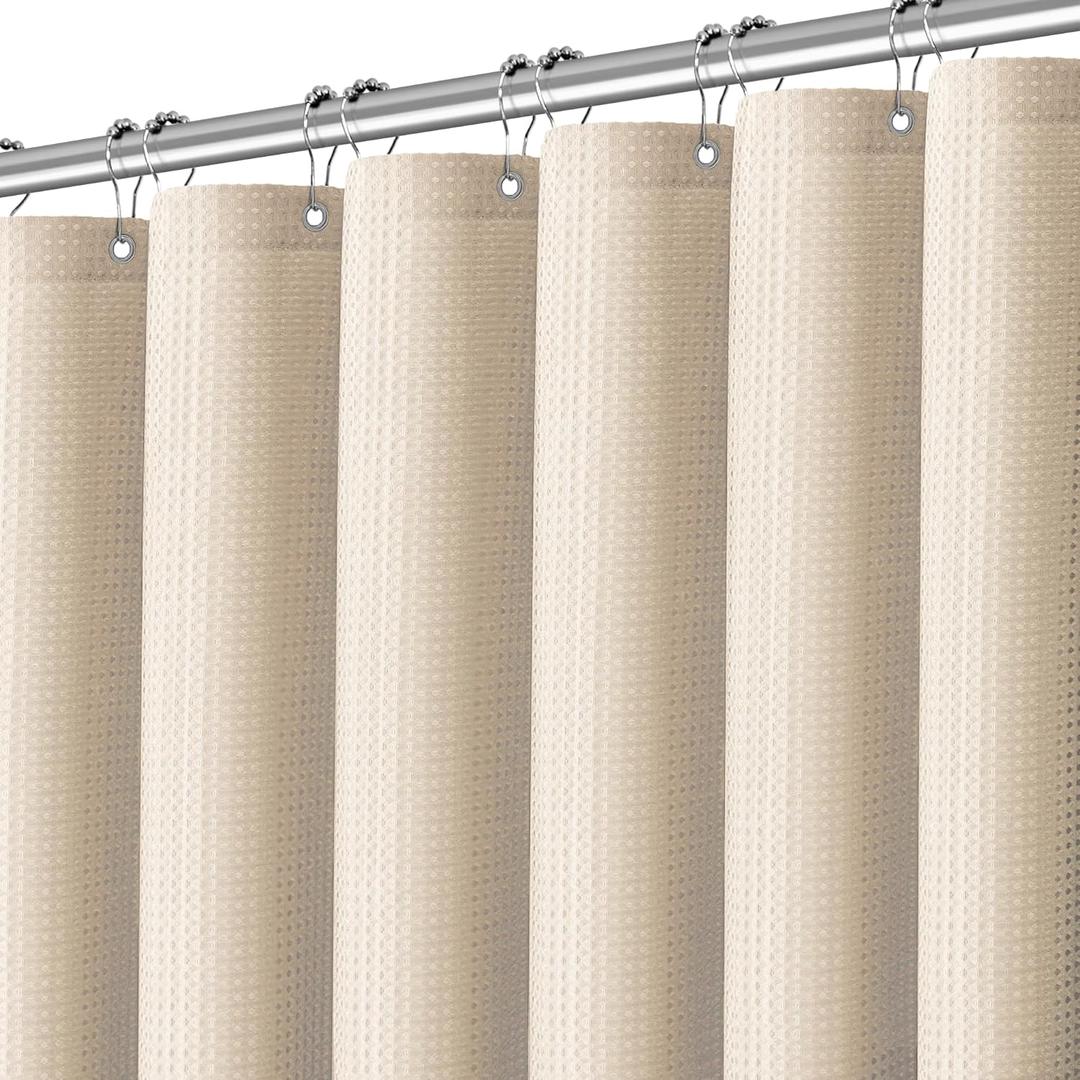 Beige Fabric Shower Curtain - Waffle Textured Heavy Duty Shower Curtains for Bathroom, 256GSM Hotel Spa Luxury Weighted Bath Curtain with 12 Hooks, 72x96, Beige