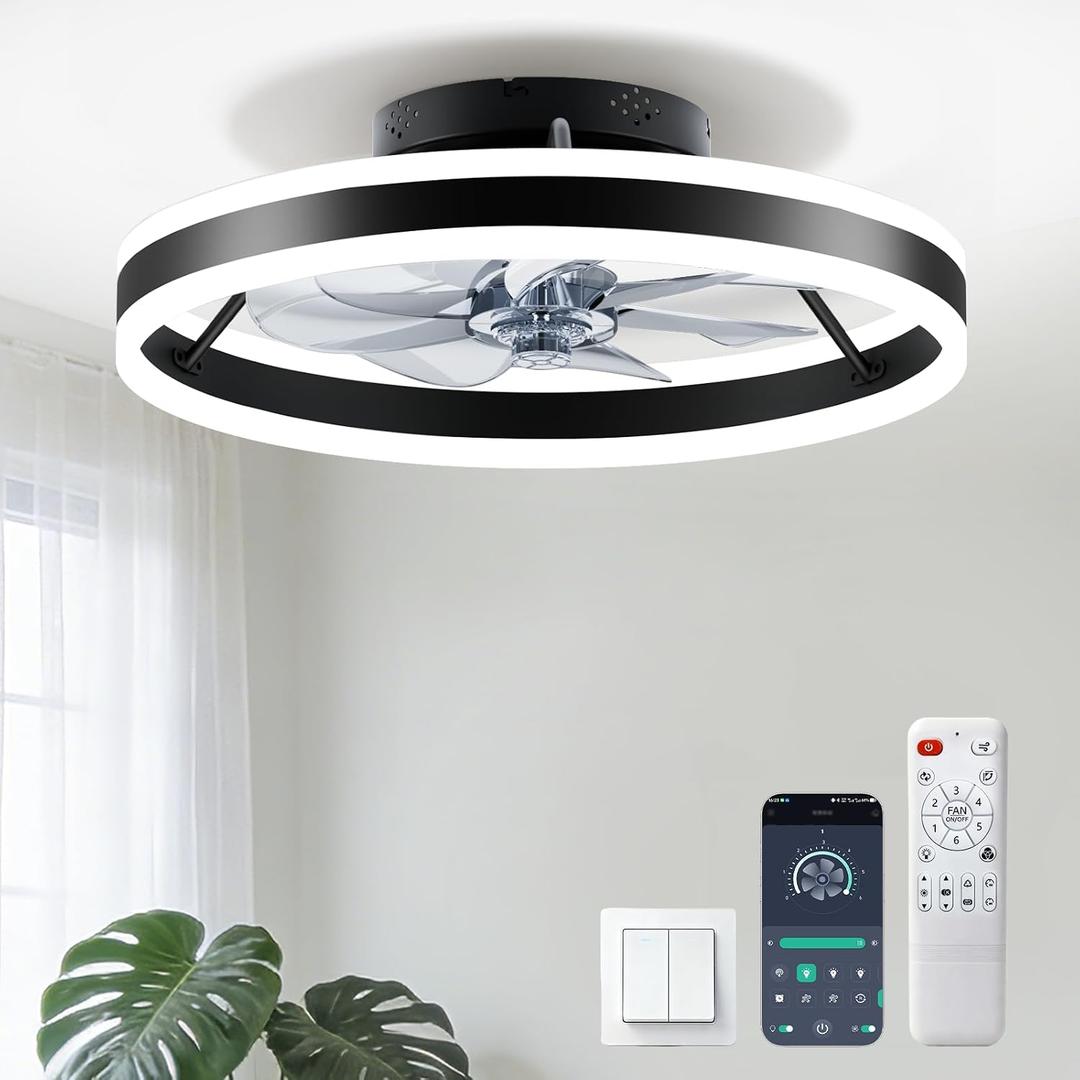Ceiling Fans with Lights and Remote, 20" Low Profile Flush Mount Ceiling Fan, Pre-Assembled Design, Quiet DC Motor, 6 Wind Speeds, Dimmable 2700-6500K LED Light, Modern Ceiling Fan for Bedroom (Black)
