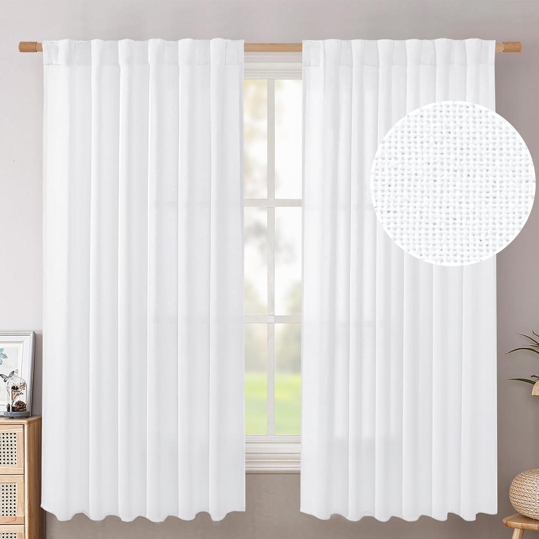 BGment White Linen Curtains 63 Inch Length 2 Panels - Rod Pocket Semi Sheer Drapes Light Filtering Textured Window Treatments for Living Room Bedroom Office Back Tab, 52 X 63 Inch