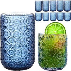 FERAHI Blue Drinking Glasses Set of 12, 12 Oz Highball & 10 Oz Cocktail Glasses, Blue Kitchen Vintage Glassware Set, Floral Embossed Glass Tumbler Cups for Water, Beer, Juice, Whiskey, Coffee