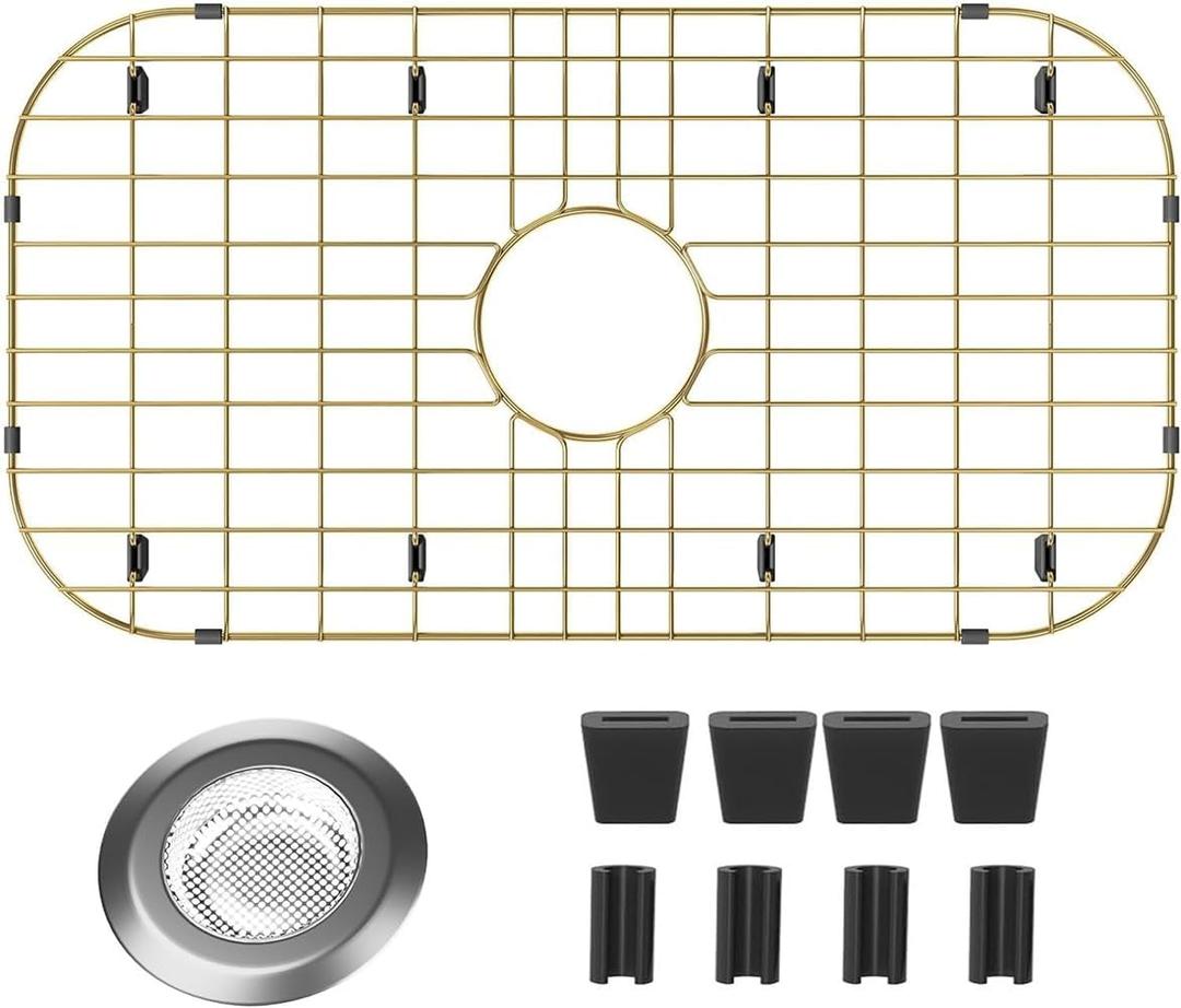 Gold Sink Bottom Rack 26" X 14",Lareg Metal Sink Protector for Kitchen Sink,Stainless Steel Kitchen Sink Grate with Centered Drain Hole, Kitchen Sink Grid with Strainer for Single Bowl,Corner Radius (26"L X 14"W, 5.1",Gold)