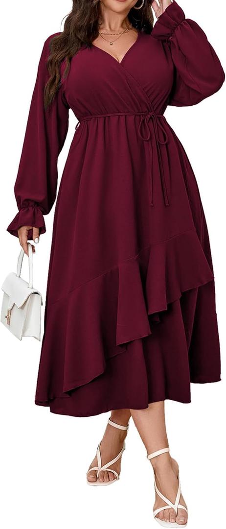 Womens Plus Size Wedding Guest Cocktail Maxi Dress Faux Wrap V Neck Long Sleeve Ruffle Hem Split Long Dress (XL)