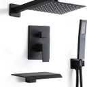 8 Inch Shower Faucet Set, Rainfall Shower System with High Pressure Handheld Shower Head, Bathroom Mixer Shower Set Wall Mounted Rough-in Valve and Trim Kit, with Tub Spout (Matte Black)