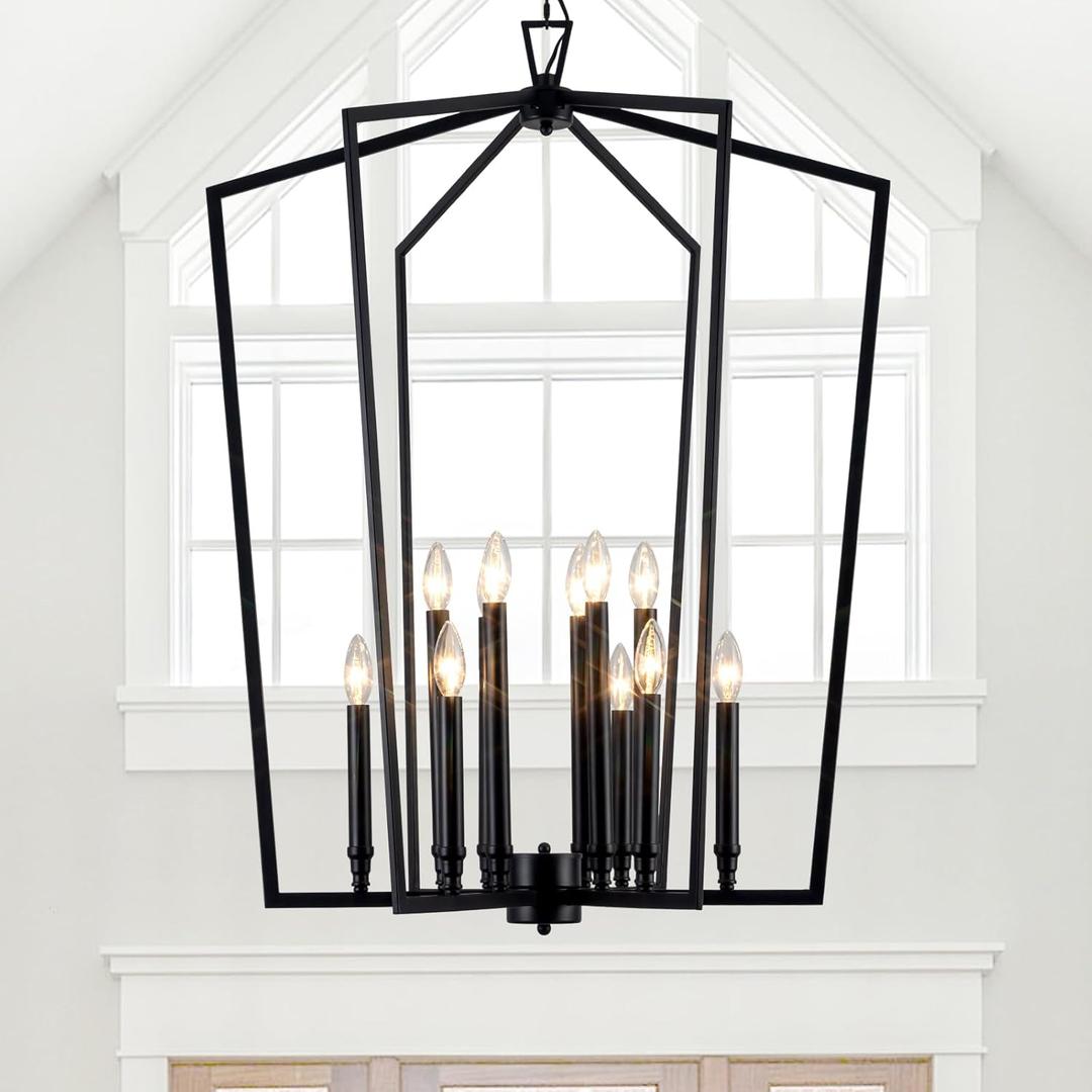 Vezzio Modern Large Black Lantern Foyer Entryway Chandelier | D30 Inch Modern Industrial 12-Light Pendant Light for High Ceiling, Dining Room, Kitchen Island, Hallway, Staircase