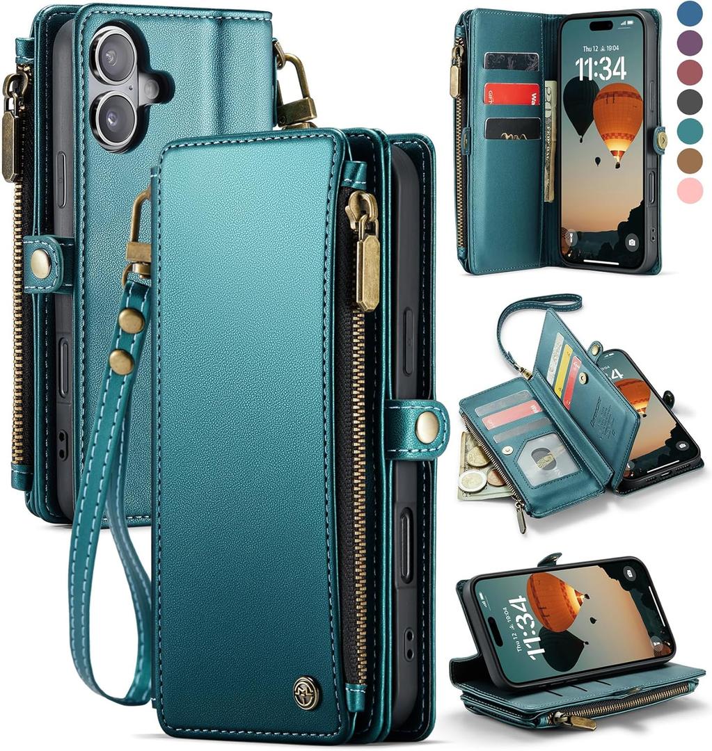 Defencase Compatible with iPhone 17 Case Wallet with RFID Blocking Card Holder for Women and Men, Fashion PU Leather Magnetic Snap Flip Zipper Strap Wallet Phone Case for iPhone 17 6.3", Blue Green