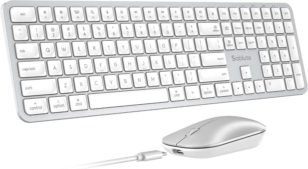 SABLUTE Bluetooth Keyboard and Mouse for Mac, KMA2 Rechargeable Full Size Wireless Combo, Quiet Scissor Keys, 3 Multi-Device Connection, Metallic Texture, Compatible for Mac, MacBook, Silver White