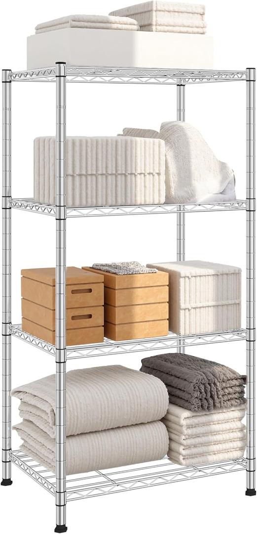 Land Guard 4 Tier Storage Racks and Shelving - Heavy Steel Material Pantry Shelves - Each Unit Loads 350 Pounds Wire Shelf, Suitable for Warehouses, Closets, Kitchens (4-Tier, 44" H16L12W) (16L x 12W x 44H4-Tier, Chrome)