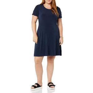 Amazon Essentials Women's Gathered Short Sleeve Crew Neck A-line Dress (Available in Plus Size)