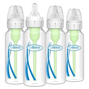 Dr. Brown's AntiColic Options+ Narrow Glass Baby Bottle with Level 1 Slow Flow Nipple, BPAFree, 8 oz/250 mL, 0m+, 4Pack 