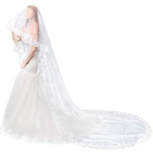 TINTON LIFE Wedding Bridal Veil Cathedral Lace Edge Womem's Long Appliques Veil 2 Tier, Light Ivory