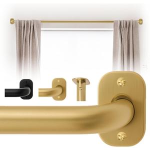 Blackout Curtain Rod Wrap Around Design, Adjustable 36-66 Inches, Wall/Ceiling Mount, 1 Inch Diameter, Room Darkening French Return Heavy Duty Metal, Modern Minimalist Bracket, Brushed Gold