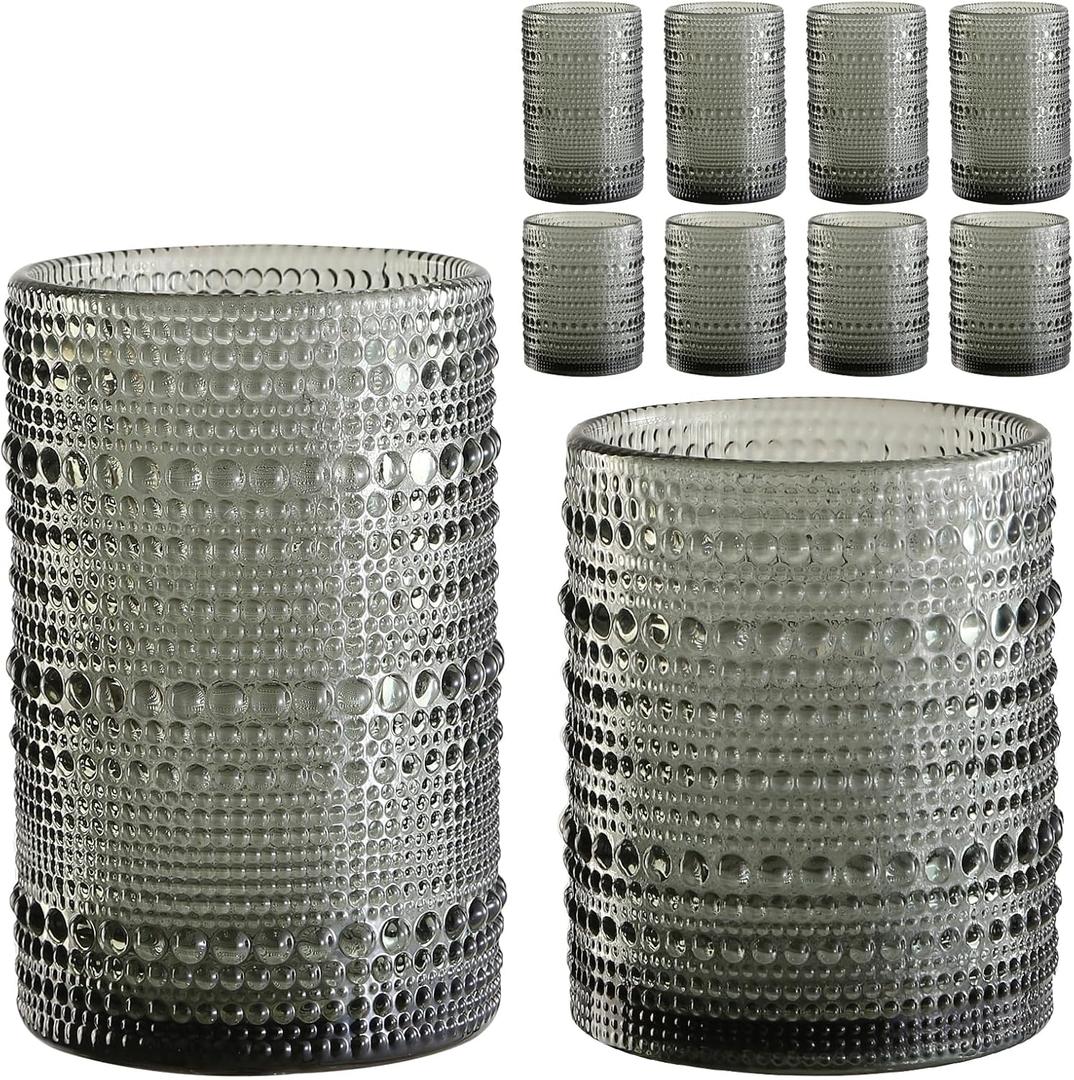 Vintage Hobnail Drinking Glasses Set of 8,Grey 12 oz & 15oz Highball Glass Cups, Kitchen Drinkware Glassware,Embossed Water Tumbler,for Beer,Cocktail,Whiskey,Juice and Various Mixed Drinks (Gray)