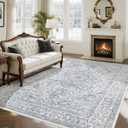 UKISS Washable Area Rugs，8'x10' Ultra-Soft Faux Silk Vintage Rug, Large Low-Pile Rugs for Living Room ， Non-Slip & Non-Shedding Large Carpets for Home/Office Decor Blue