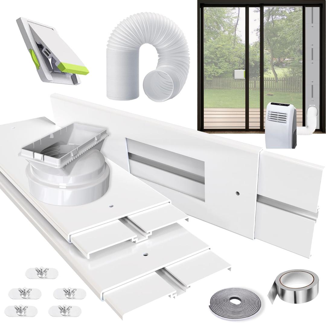 Aozzy 95"Portable AC Sliding Door Vent Kit with 5.9"AC Exhaust Hose,Security Lock & weather stripping,Universal 5.1/5.9"Coupler,Air Conditioner PVC Seal Plates Kit for Sliding Glass Door/Window