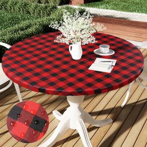 Smiry Round Picnic Tablecloth, Elastic Waterproof Fitted Vinyl Tablecloths for 36"-44" Tables, Flannel Backed Buffalo Plaid Table Cover for Dining, Camping, Outdoor, Black and Red