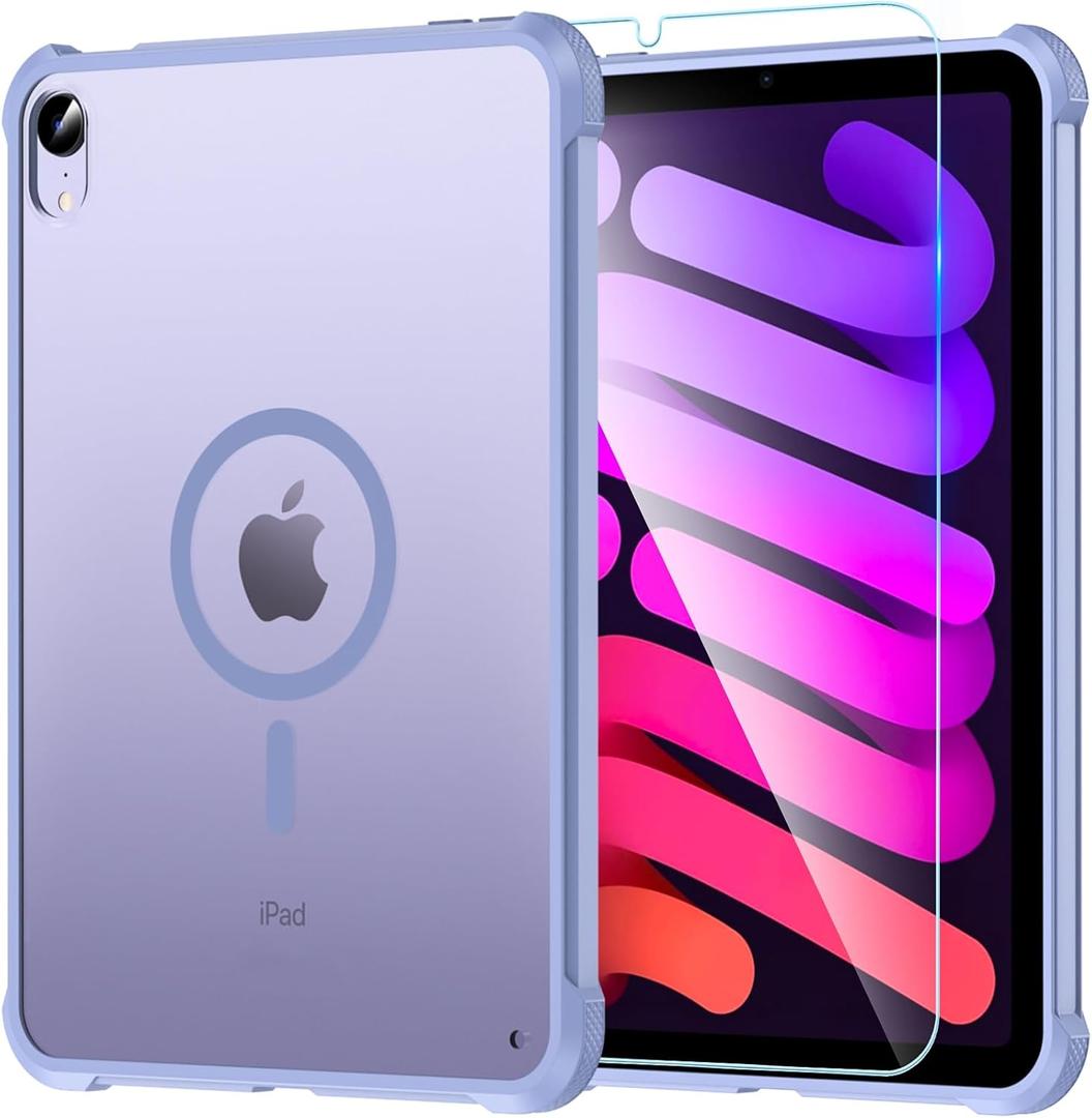 OWKEY Magnetic Case for iPad mini 7 A17 Pro 2024/ iPad mini 6 2021 8.3'', iPad mini 7th/6th Gen Case for Magsafe with Tempered Glass,[Shockproof Military] Translucent Back Slim Bumper Cover, Purple