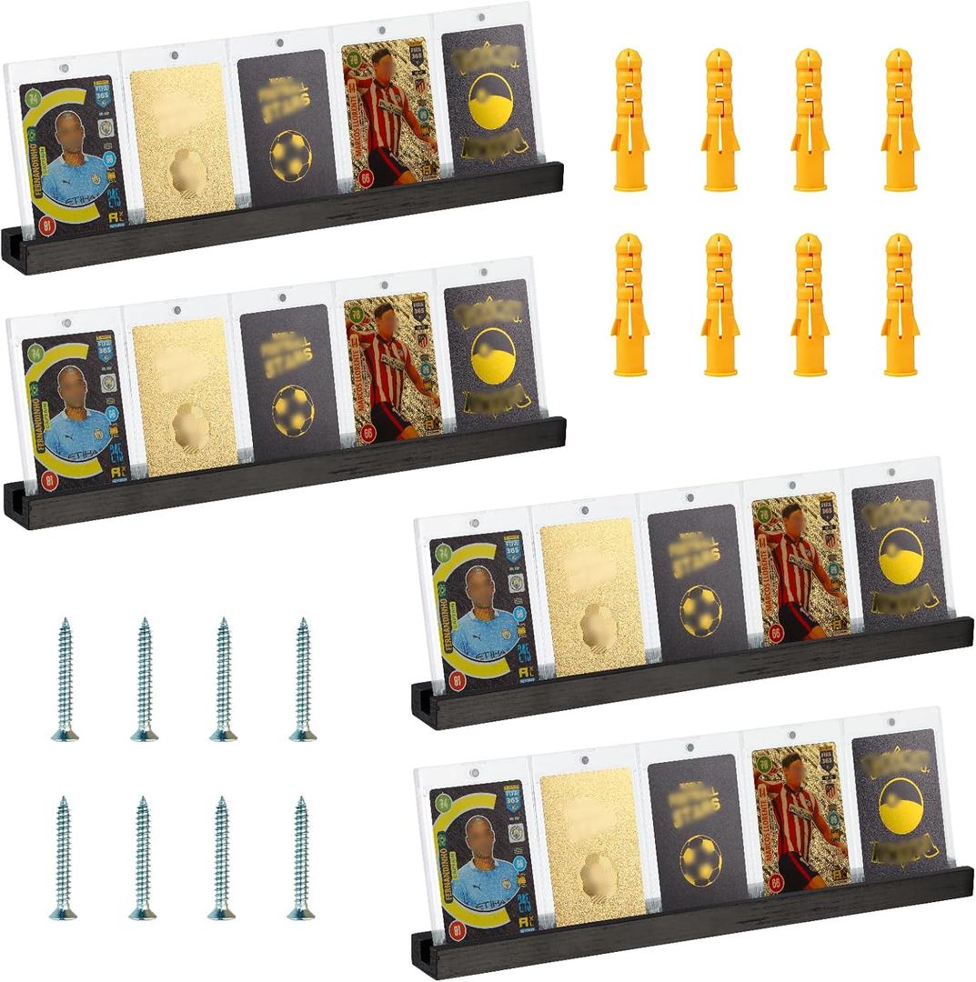 4 Pack Sports Card Display Stand Wood Trading Card Rack 15*1.2*0.7 Inch Graded Card Display Shelf Baseball Card Frame Wall Display Toploader Card Holder Display for Home Shop (No Card) (Black)