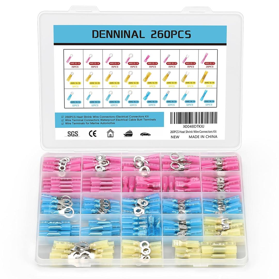 260PCS Heat Shrink Wire Connectors Kit with Ring, Spade & Crimp Terminals - Automotive, Marine & Waterproof