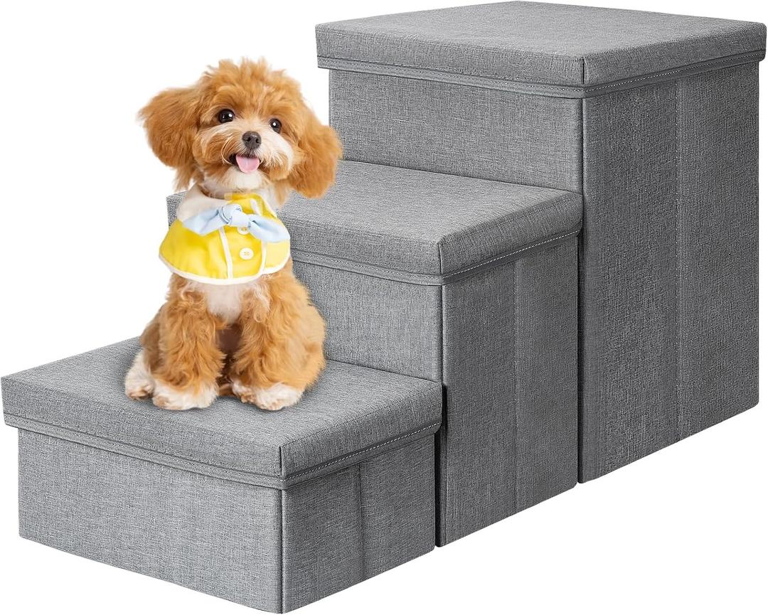 Dog Stairs for High Bed with Solid-Step Design, Pet Stairs for Large/Small Dogs, Foldable Dog Steps, 3-Tier Dog Ladder with Anti-Slip Surface & Easy Clean, Grey