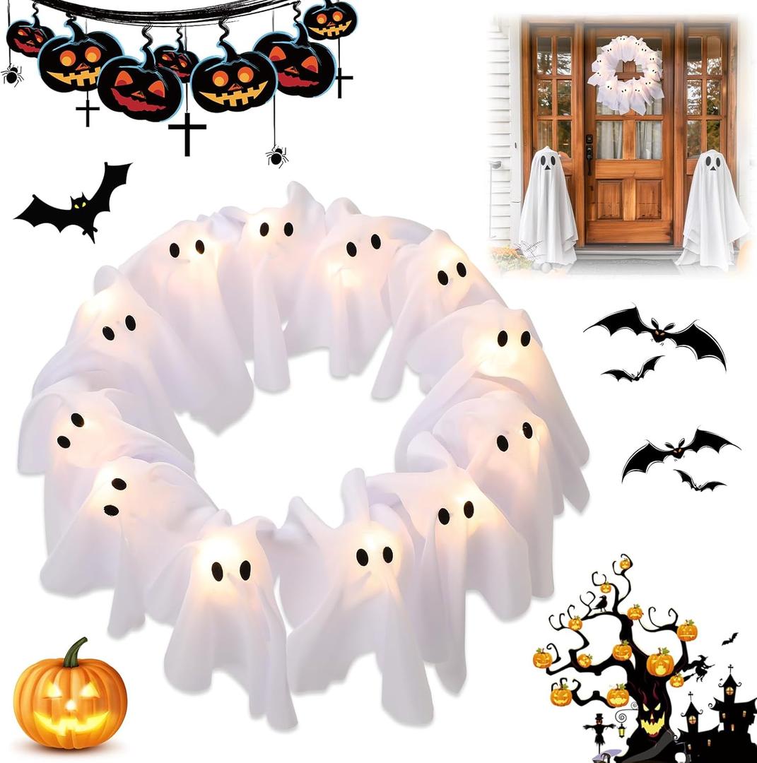 Light-Up Halloween Ghost Wreath, 12 Glowing White Spooky Halloween Wreaths for Front Door, Outdoor & Indoor Hanging Decoration for Wall Door, Halloweens Decor