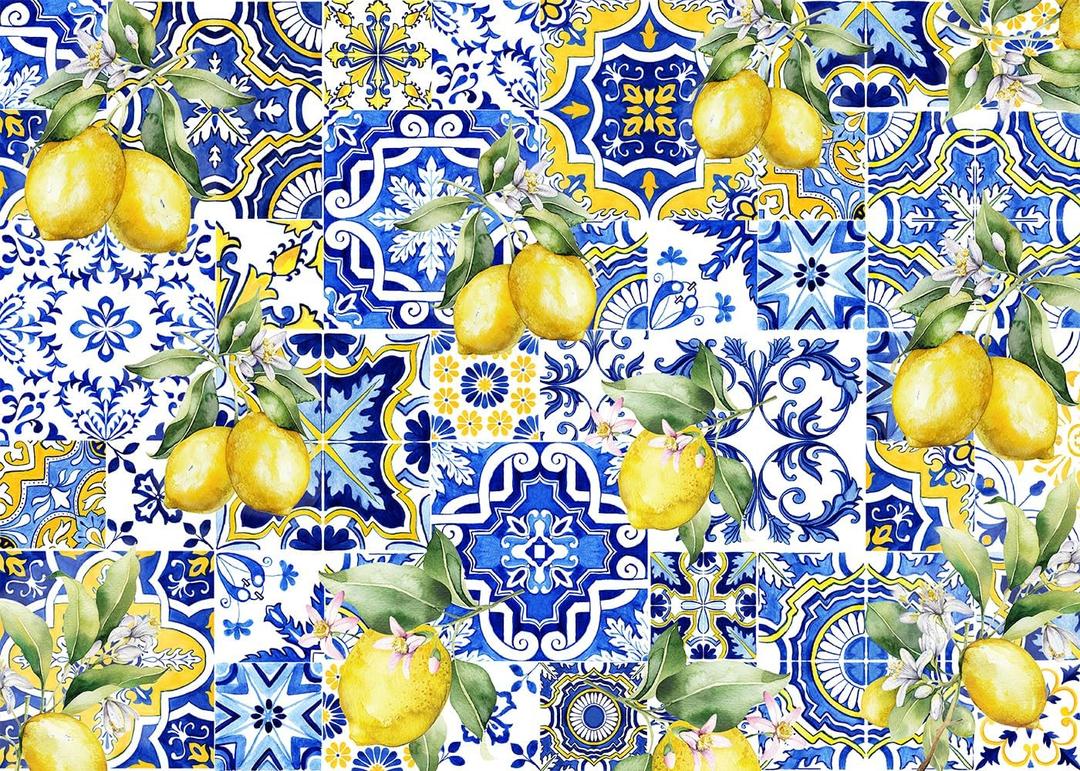 7x5 FT Blue Tiles Lemon Backdrop Summer Fruit Baby Shower Birthday Wall Paper Dessert Table Cloth Photography Background Italian Tiles Party Decorations Banner Photo Booth Props