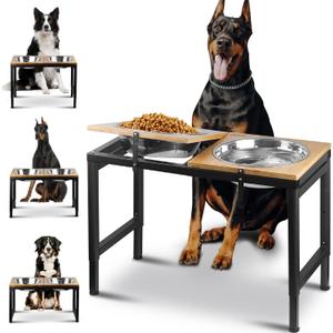 Elevated Dog Bowls Large Breed, 15"-20.5" H 4500ML Raised Dog Bowls for Large Extra Large Dogs, Bamboo Bowl Elevated with Stainless Steel Bowl, Metal Stand Adjustable Dogs Feeder