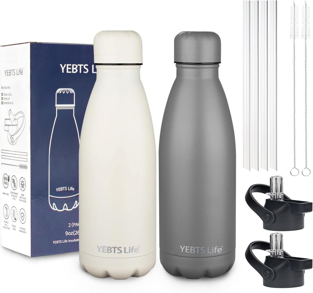 Insulated Water Bottle, 2 Pack-9oz Stainless Steel Water Bottles with straw lid, Metal Sports Water Bottles for Boys,Girls, Double Wall Vacuum BPA-Free Flask for Sports (Grey&Cream white)