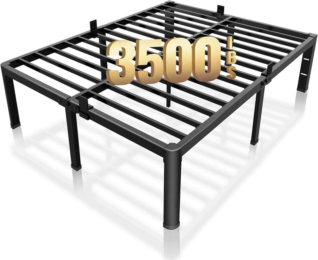  18 Inch Queen Bed Frame with Rounded Corner and Headboard Hole Mattress Retainers 3500LBS Metal Heavy Duty Steel Slats No Box Spring Needed Platform Noise-Free Easy Assembly