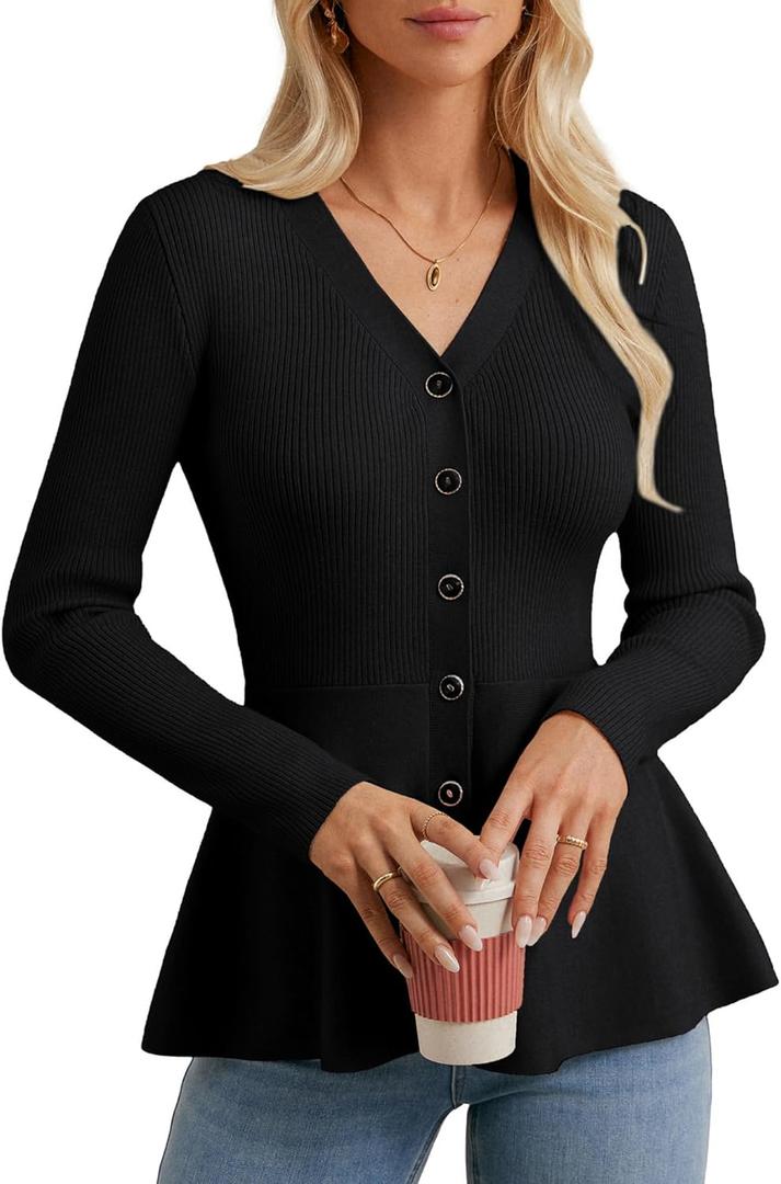 GRACE KARIN Long Sleeve Cardigan Sweaters for Women, Button Up Knit Blazer, Lightweight Business Casual Peplum Tops (Medium, Black)